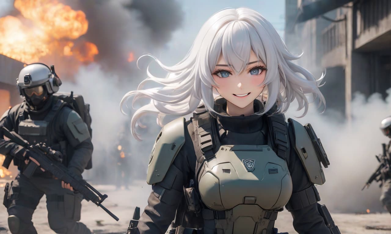  Anime girl with white hair is insanely smiling, her eyes are full of anger, in tactical gear, JPC body armor and OPS CORE helmet shoots from the finger. Lots of smoke, ash and explosions around. hyperrealistic, full body, detailed clothing, highly detailed, cinematic lighting, stunningly beautiful, intricate, sharp focus, f/1. 8, 85mm, (centered image composition), (professionally color graded), ((bright soft diffused light)), volumetric fog, trending on instagram, trending on tumblr, HDR 4K, 8K