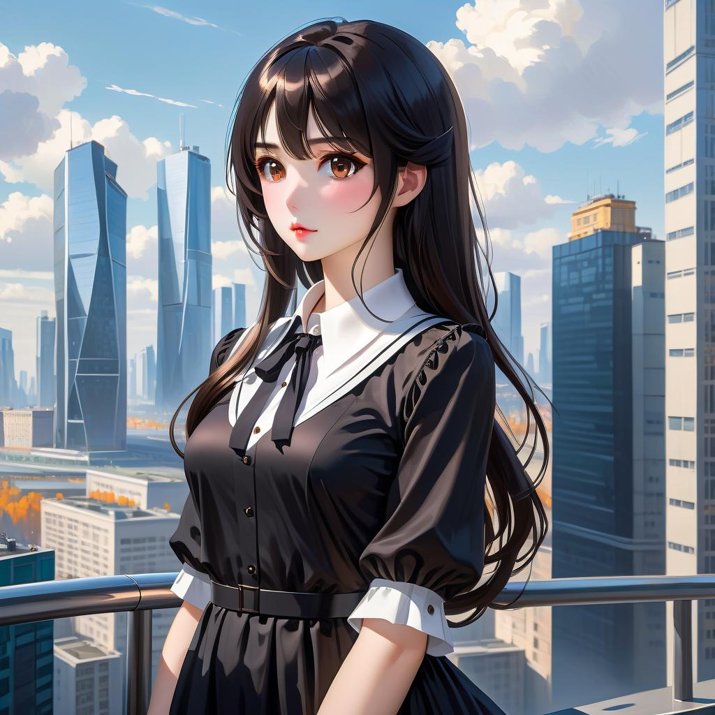  anime artwork beautiful , , white skinned, European, brown eyes, long brown straight hair, side bangs, mole under the lower lip, slender figure, small neat s, dressed in a black dress with a white collar and white cuffs, full length, against the backdrop of a modern city. Skyscrs of Moscow City (photorealism, oil painting: 1.3), (full length shot: 1.3), charming , long flowing black hair, (large sensual mouth: 1.2), plump lips, sparkling brown eyes , narrow waist, (sensual drawing: 1.2), silvery glow, ethereal aura, detailed brushwork, intricate shadows and highlights, mysterious and captivating expression, unique color palette, masterful use of light and shadow, captivating atmosphere, pure emotion, int hyperrealistic, full body, detailed clothing, highly detailed, cinematic lighting, stunningly beautiful, intricate, sharp focus, f/1. 8, 85mm, (centered image composition), (professionally color graded), ((bright soft diffused light)), volumetric fog, trending on instagram, trending on tumblr, HDR 4K, 8K