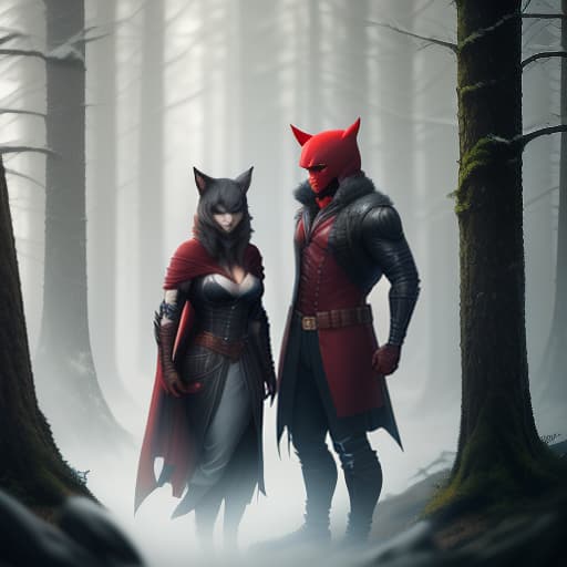  Red hood and the grey wolf, in the forest hyperrealistic, full body, detailed clothing, highly detailed, cinematic lighting, stunningly beautiful, intricate, sharp focus, f/1. 8, 85mm, (centered image composition), (professionally color graded), ((bright soft diffused light)), volumetric fog, trending on instagram, trending on tumblr, HDR 4K, 8K