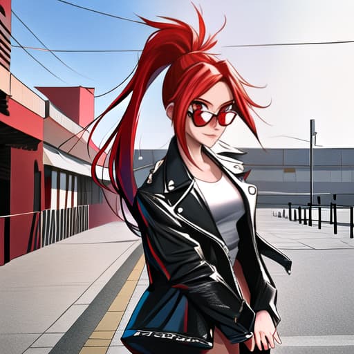  Screenshot from the anime Boku no hero academia, A girl, short, red, spiky hair, with ponytail, red eyes, short bangs, wears casual clothes, pastel color palette, sunglasses, leather jacket, calm expression , matching accessories, influencer, social media content. Professional photo session. hyperrealistic, full body, detailed clothing, highly detailed, cinematic lighting, stunningly beautiful, intricate, sharp focus, f/1. 8, 85mm, (centered image composition), (professionally color graded), ((bright soft diffused light)), volumetric fog, trending on instagram, trending on tumblr, HDR 4K, 8K