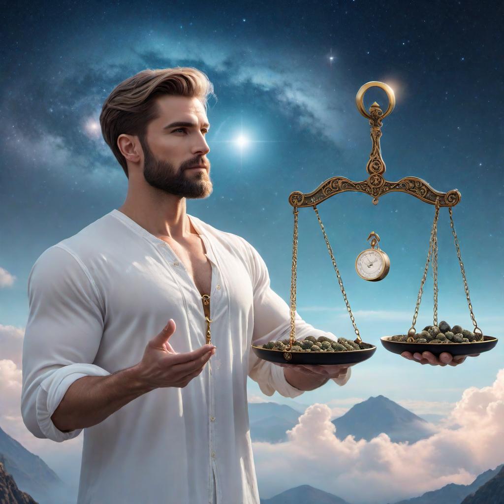  Enchanting white male holding a scale as a symbol of balance in the sign of Libra zodiac, lofi fantasy style. The character should have a harmonious and balanced appearance, with soft, dreamy, and relaxed lofi elements. Include celestial or cosmic background details to create an enchanting atmosphere. hyperrealistic, full body, detailed clothing, highly detailed, cinematic lighting, stunningly beautiful, intricate, sharp focus, f/1. 8, 85mm, (centered image composition), (professionally color graded), ((bright soft diffused light)), volumetric fog, trending on instagram, trending on tumblr, HDR 4K, 8K