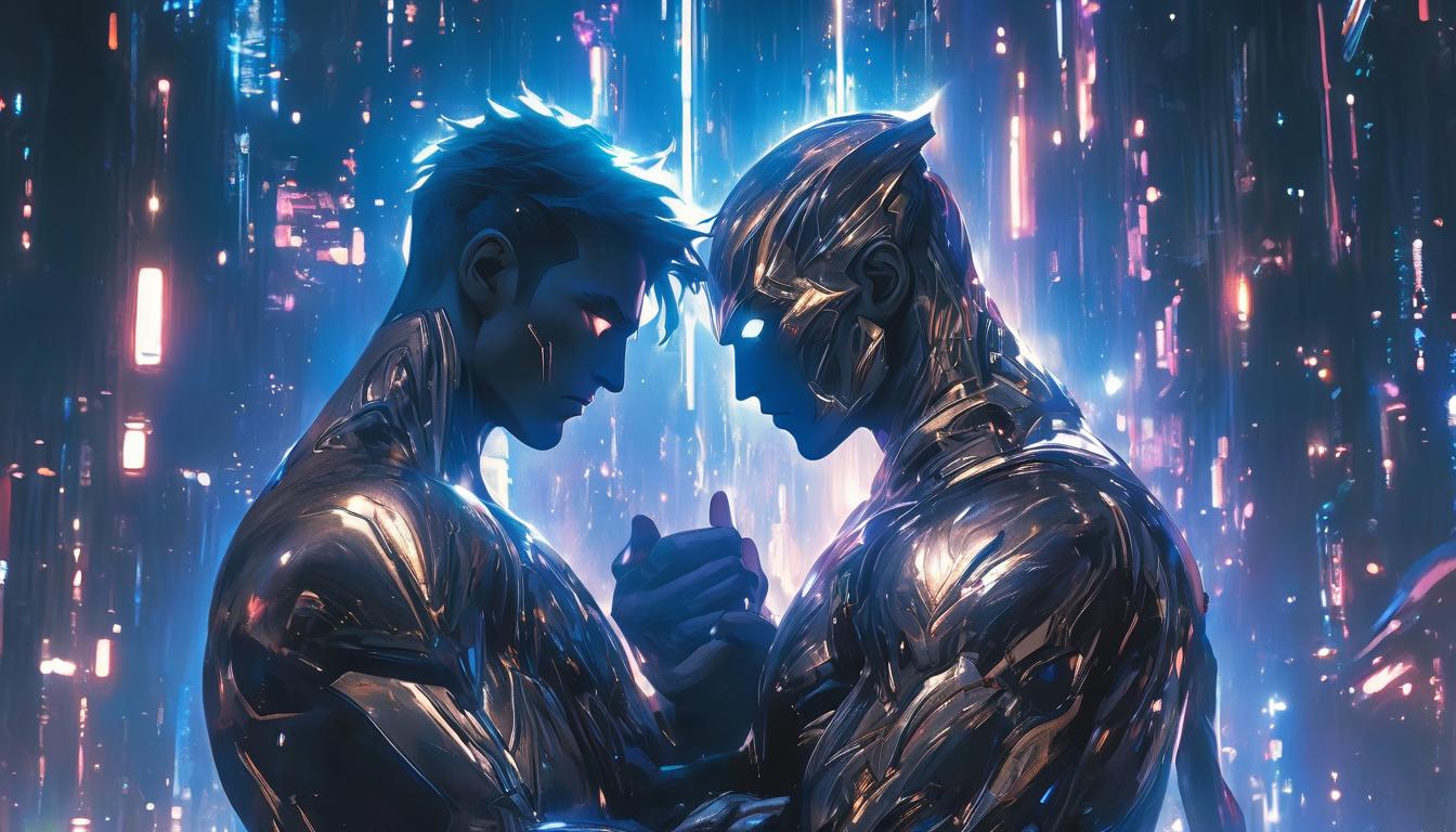  hyperrealism,fantasy aesthetic1woman1man, large busted attractive arian female humanoid and arian male humanoid, standing together under a starlit sky, feeling connection to the universe, mood of cosmic union, high tech clothing clad in sleek, futuristic costume with metallic accents and form fitting designs, marvel superhero comics style, unreal engine rendering