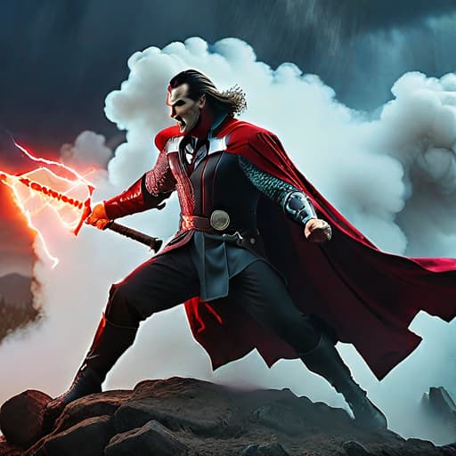  Dracula fighting Thor hyperrealistic, full body, detailed clothing, highly detailed, cinematic lighting, stunningly beautiful, intricate, sharp focus, f/1. 8, 85mm, (centered image composition), (professionally color graded), ((bright soft diffused light)), volumetric fog, trending on instagram, trending on tumblr, HDR 4K, 8K