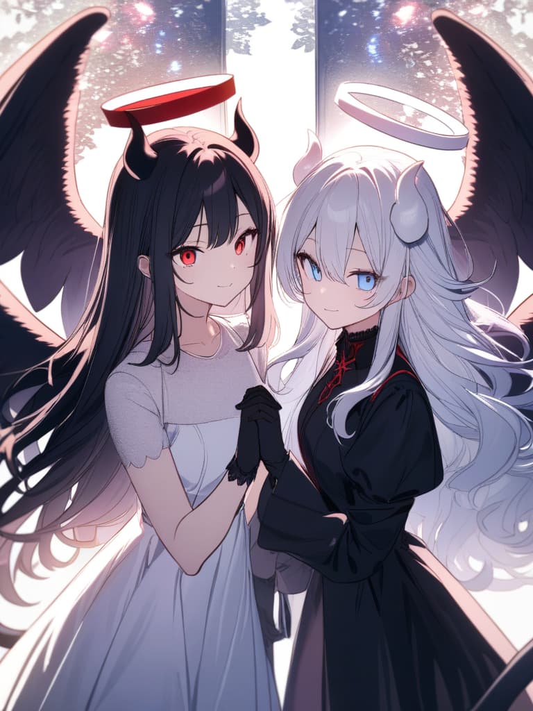  ((Angel and devil,angel,devil,facing each other,s together,y,tempting,devil on the right,angel on the left,holding hands,divine)),((Angel,angel wings,angel halo,halo,white dress,big s,blue eyes,white hair,perm,long hair,curly hair,beautiful,pretty ,puzzled face)),((Devil,devil wings,devil horns,devil tail,red eyes,black hair,straight long hair,big s,black dress,black gloves,devilish smile,pretty )),pretty ,cute,high quality,two people,two s,ultra detailed,best shadow,cute and beautiful face,(masterpiece:1.2),(best quality:1.2),detailed background,high contrast,(best illumination,an extremely delicate and beautiful),((cinematic light)),hyper detail,dramatic light,intricate details,8k,anime,very aesthetic、(