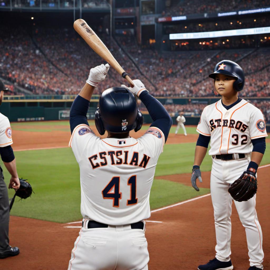  A 4-year-old boy in a Houston Astros uniform, viewed from the back, swinging a bat in the batter's box during a World Series game. The boy has the name 'Sebastian' on the back of his jersey and the number 7. The stadium is filled with cheering fans, and the field is pristine. The boy's bat is in mid-swing, connecting with the baseball. The atmosphere is electric, with bright stadium lights and a clear evening sky. hyperrealistic, full body, detailed clothing, highly detailed, cinematic lighting, stunningly beautiful, intricate, sharp focus, f/1. 8, 85mm, (centered image composition), (professionally color graded), ((bright soft diffused light)), volumetric fog, trending on instagram, trending on tumblr, HDR 4K, 8K