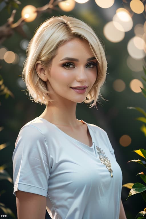  1girl,1girl,blonde short hair,straight hair,upper body shot,shirt,smile hyperrealistic, full body, detailed clothing, highly detailed, cinematic lighting, stunningly beautiful, intricate, sharp focus, f/1. 8, 85mm, (centered image composition), (professionally color graded), ((bright soft diffused light)), volumetric fog, trending on instagram, trending on tumblr, HDR 4K, 8K