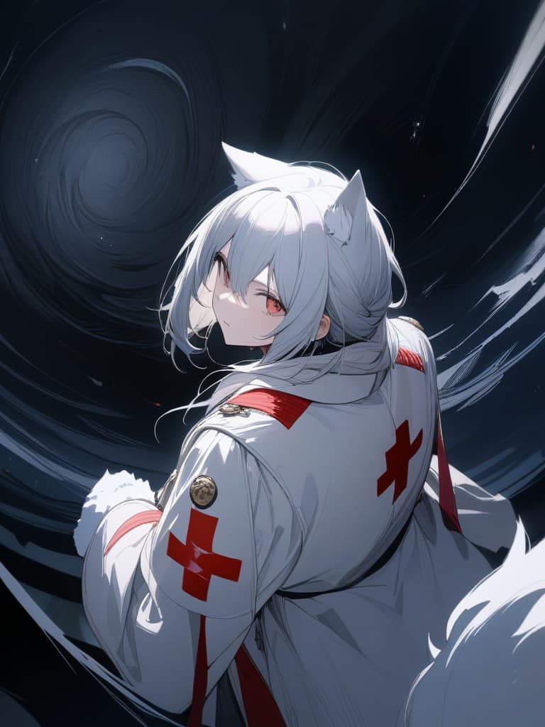  ((white fluffy werewolf only、anthropomorphic wolf only、1 man with the head of a wolf))、claw hands、from behind、looking back:1.2、(white trench coat with a red cross pattern on the back:1.2)、in dark night field、best quality:1.4、masterpiece:1.4、ultra detailed texture、RAW photorealistic、absurd resolution、8K illustration、💩、💩、💩、💩、💩、, masterpiece, best quality,8k,ultra detailed,high resolution,an extremely delicate and beautiful,hyper detail