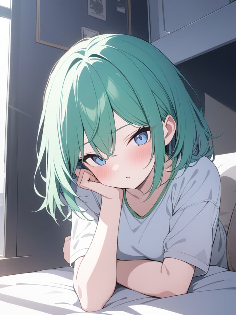  Green hair short hair character of the sun god, masterpiece, best quality,8k,ultra detailed,high resolution,an extremely delicate and beautiful,hyper detail