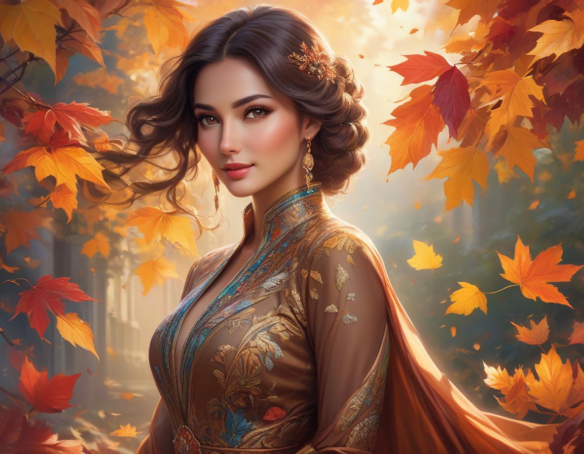  concept art A stunning woman with mesmerizing brown eyes and a shy, yet lovely smile stands amidst a whirlwind of colorful leaves, her beauty rivaling that of nature itself., face by Bagshaw, Atroshenko, . digital artwork, illustrative, painterly, matte painting, highly detailed hyperrealistic, full body, detailed clothing, highly detailed, cinematic lighting, stunningly beautiful, intricate, sharp focus, f/1. 8, 85mm, (centered image composition), (professionally color graded), ((bright soft diffused light)), volumetric fog, trending on instagram, trending on tumblr, HDR 4K, 8K