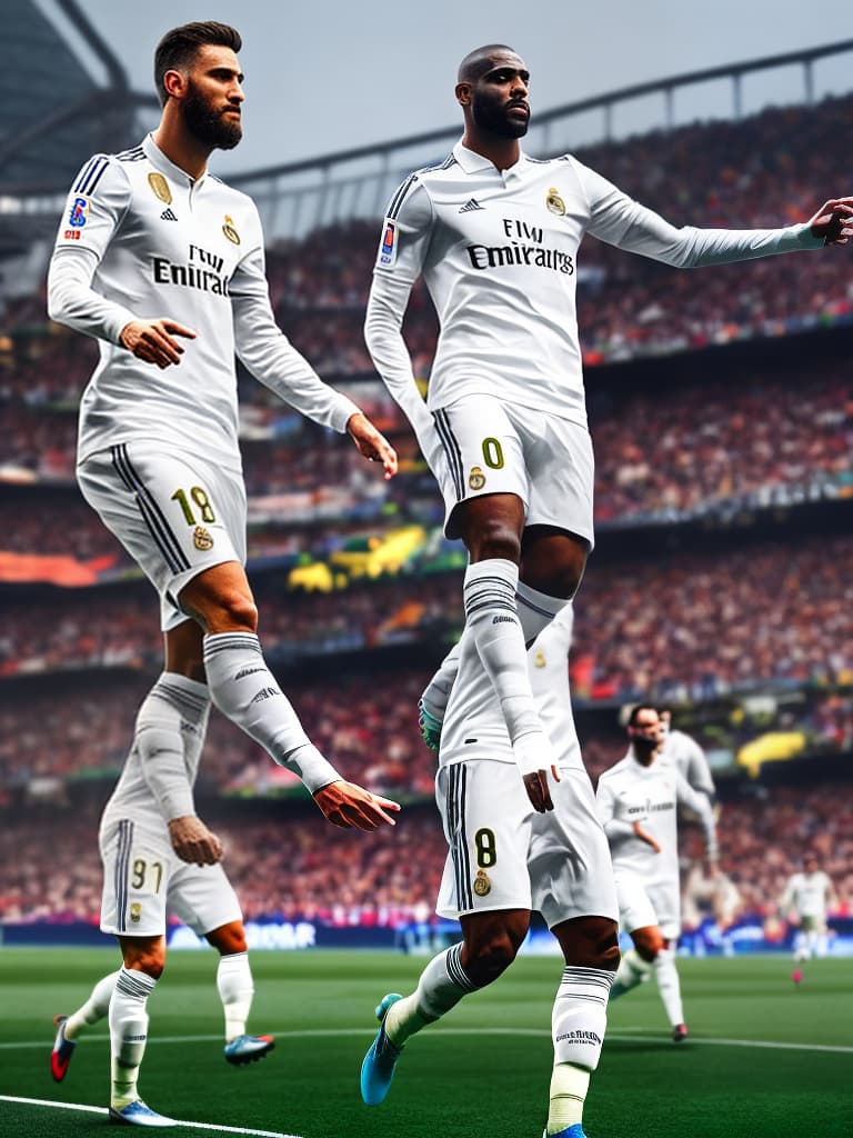  Soccer players in Real Madrid jerseys standing at the Sandiago Bernaur hyperrealistic, full body, detailed clothing, highly detailed, cinematic lighting, stunningly beautiful, intricate, sharp focus, f/1. 8, 85mm, (centered image composition), (professionally color graded), ((bright soft diffused light)), volumetric fog, trending on instagram, trending on tumblr, HDR 4K, 8K