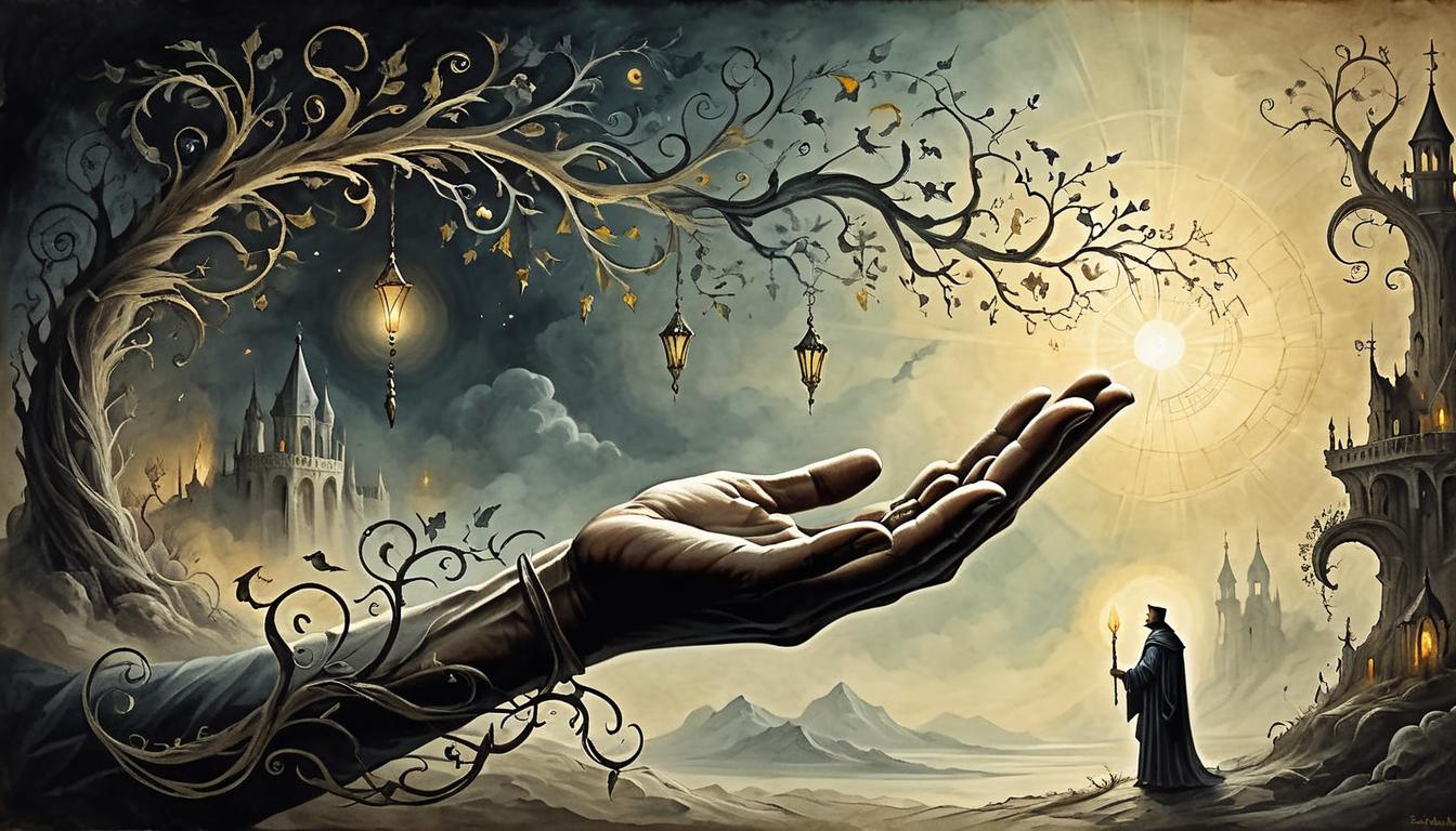  on parchment, surrealism+++, Hand reaching out from darkness towards radiant light, tendrils of shadow clinging, light brimming with colors, beckoning, transformative, hopeful yet uncertain(mysterious, provocative, symbolic,muted color)+++