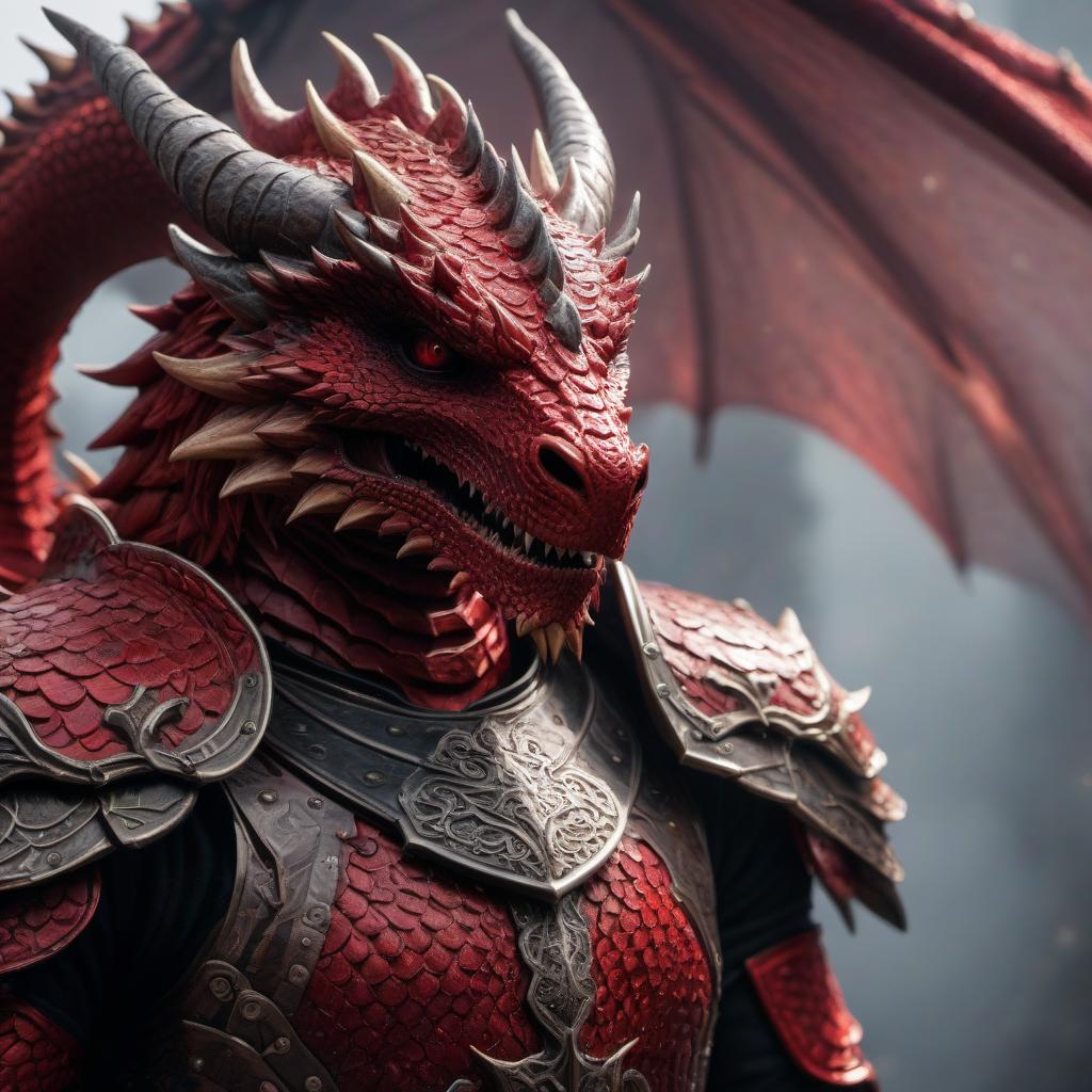  cinematic photo Red scaled dragon with black armour dragonborn. . 35mm photograph, film, bokeh, professional, 4k, highly detailed, hkmagic hyperrealistic, full body, detailed clothing, highly detailed, cinematic lighting, stunningly beautiful, intricate, sharp focus, f/1. 8, 85mm, (centered image composition), (professionally color graded), ((bright soft diffused light)), volumetric fog, trending on instagram, trending on tumblr, HDR 4K, 8K