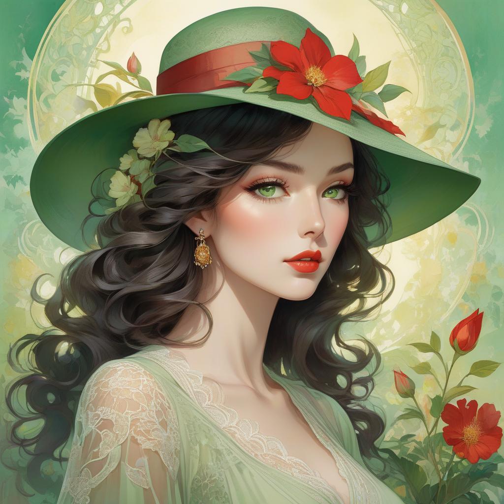  A digital artwork of a woman with green eyes, wavy hair, wearing a broad brimmed hat adorned with a flower, set against a colorful backdrop. Art deco masterpiece by legendary artists that include vlop, Victo Ngai, Annigoni, Milo Manara, Botticelli, Catrin Welz Stein, Jean Metzinger, Gustav Klimt, image of a young woman with a fair complexion and soft facial features. She has charming almond shaped hazel eyes and full lips that add to her serene expression. Her wavy, dark brown hair falls gracefully under a wide brimmed, light green hat decorated with intricate lace patterns and a delicate red flower. The background merges with her form in a dreamy watercolor blend of green, red and hints of yellow, suggesting a mix of floral and abstract el hyperrealistic, full body, detailed clothing, highly detailed, cinematic lighting, stunningly beautiful, intricate, sharp focus, f/1. 8, 85mm, (centered image composition), (professionally color graded), ((bright soft diffused light)), volumetric fog, trending on instagram, trending on tumblr, HDR 4K, 8K