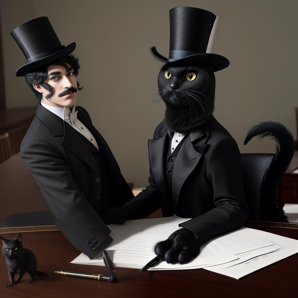  masterpiece, best quality, black cat in suit at desk, next to owl in top hat (also at desk), modern , not serious, reception-like,