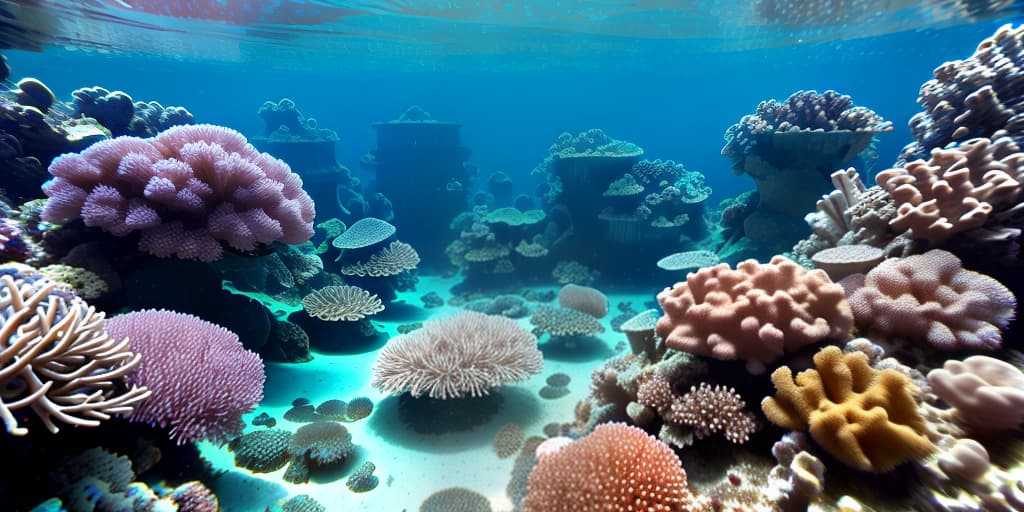  An underwater paradise with colorful coral reefs, exotic fish, and sunken shipwrecks surrounded by crystal clear water.