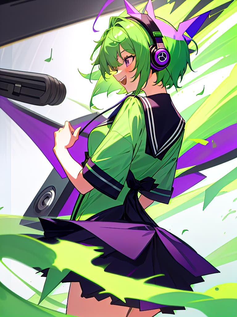  1girl,18yo,green hair,short hair,purple eyes,headphone,summer black sailor suit,very loud laugh,music note effect,back big speaker, masterpiece, best quality,8k,ultra detailed,high resolution,an extremely delicate and beautiful,hyper detail