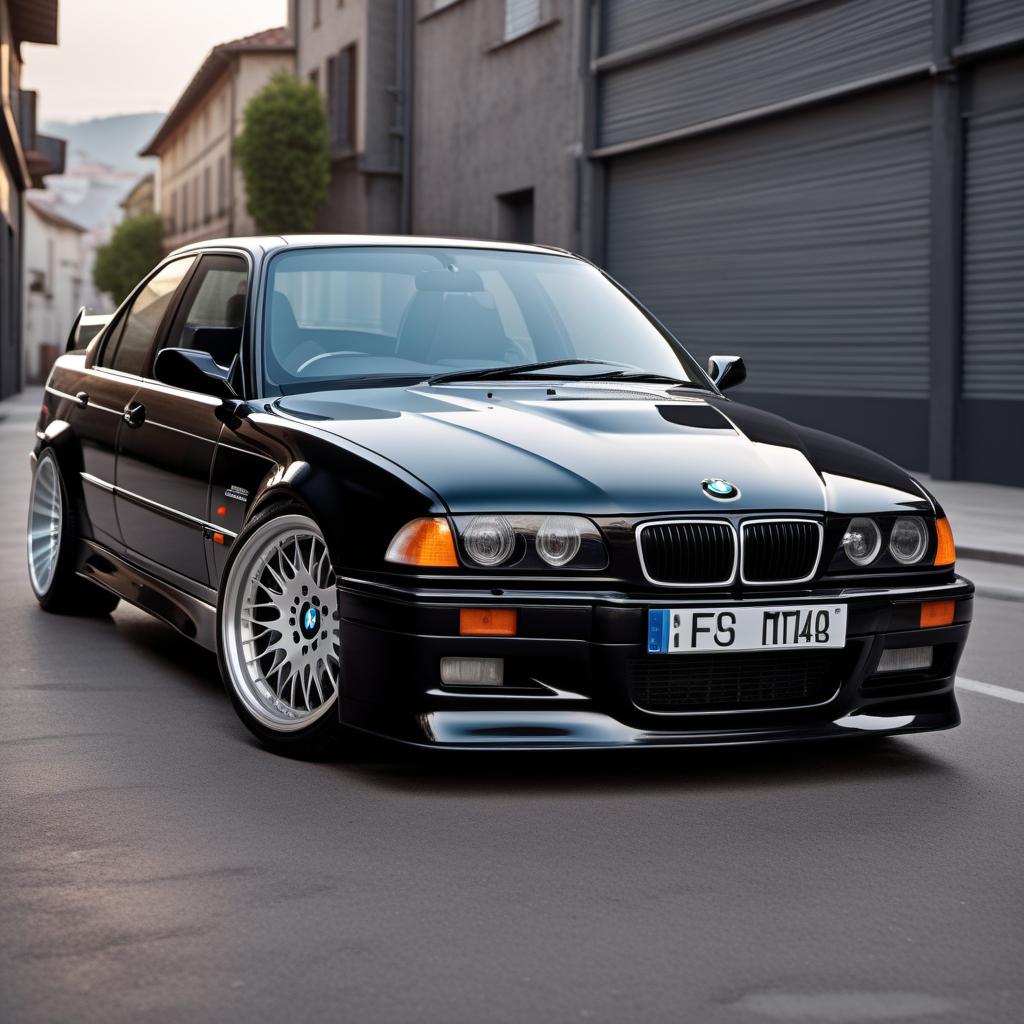  1995 BMW E36 M3 Saloon, black color. Emphasize the sleek design, sporty aesthetics, detailed headlights, signature kidney grille, and sporty alloy wheels. Place the car on a clean street background with good lighting to highlight its features. hyperrealistic, full body, detailed clothing, highly detailed, cinematic lighting, stunningly beautiful, intricate, sharp focus, f/1. 8, 85mm, (centered image composition), (professionally color graded), ((bright soft diffused light)), volumetric fog, trending on instagram, trending on tumblr, HDR 4K, 8K