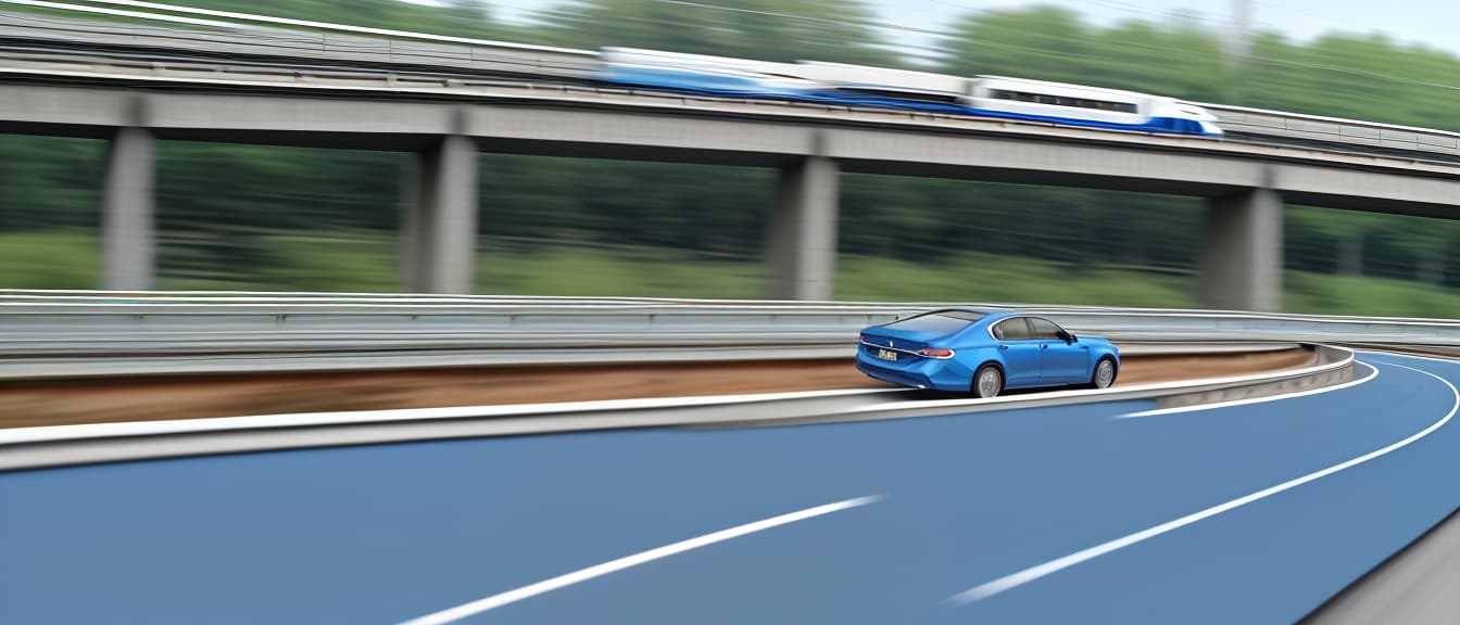  best quality, HD, Rear view of blue Business car on high speed in turn. Blue car rushing along a high speed highway.