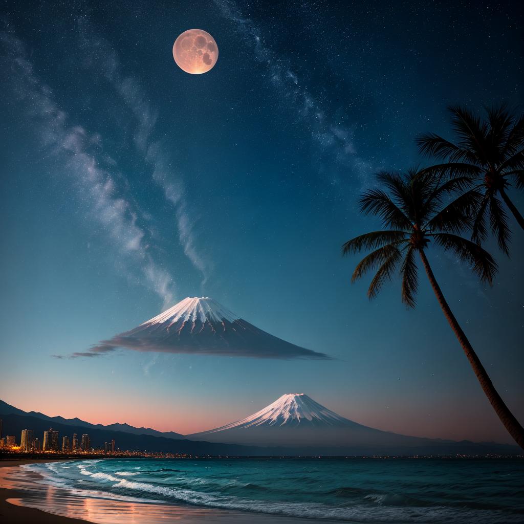  sandy beach with palm trees and breaking waves. Mount Fuji in the background with puffy clounds over it, darkening blue skies at dusk. Distant city scape with glittering lights. large full moon,
