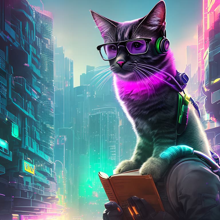 nvinkpunk Realistic image of a cat wearing headphones and reading glasses while riding a bus, barbie, anime, cyberpunk, oil painting, hyperrealism hyperrealistic, full body, detailed clothing, highly detailed, cinematic lighting, stunningly beautiful, intricate, sharp focus, f/1. 8, 85mm, (centered image composition), (professionally color graded), ((bright soft diffused light)), volumetric fog, trending on instagram, trending on tumblr, HDR 4K, 8K