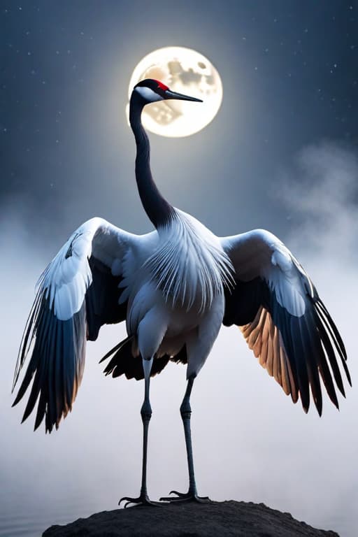  Two crane birds dancing . Moon background hyperrealistic, full body, detailed clothing, highly detailed, cinematic lighting, stunningly beautiful, intricate, sharp focus, f/1. 8, 85mm, (centered image composition), (professionally color graded), ((bright soft diffused light)), volumetric fog, trending on instagram, trending on tumblr, HDR 4K, 8K