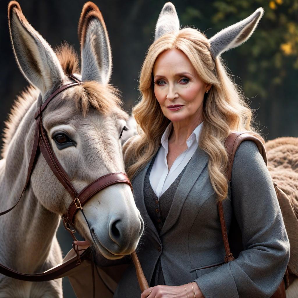  A fat JK Rowling with donkey ears in a realistic and detailed style hyperrealistic, full body, detailed clothing, highly detailed, cinematic lighting, stunningly beautiful, intricate, sharp focus, f/1. 8, 85mm, (centered image composition), (professionally color graded), ((bright soft diffused light)), volumetric fog, trending on instagram, trending on tumblr, HDR 4K, 8K