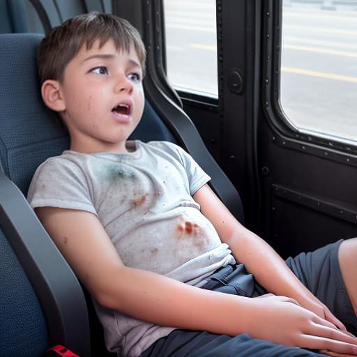  a very sweaty very young boy, caught on a public bus, is discovered by the viewer. The young 's face is rendered in exquisite detail, a look of and arousal as he realizes he's been caught the boy on the bus seat lets out a stream of warm, viscous liquid shooting out from his huge engorged erect tip coating his and splattering onto the floor of the bus, the pinnacle of his is his sweaty features, high-angle shot, dramatic angle, extreme angle shot, photo-realistic, volumetric fog, 85mm lens, HDR, cinematic