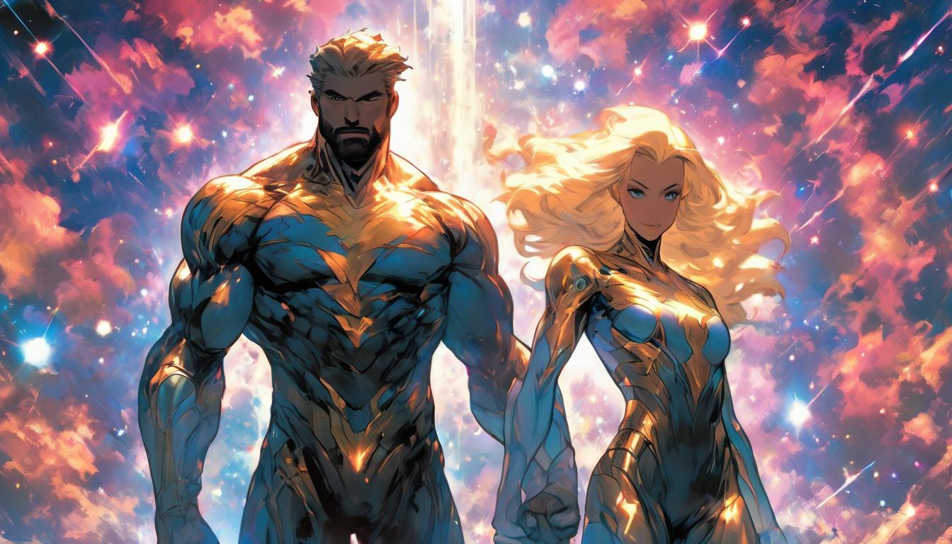  hyperrealism,fantasy aesthetic1man1woman, large busted attractive blonde arian male and female humanoids, holding hands, standing on a path of stars, cosmic significance, unity, glowing galaxy, deep space background, high tech clothing clad in sleek, futuristic costume with metallic accents and form fitting designs, marvel superhero comics style, unreal engine rendering