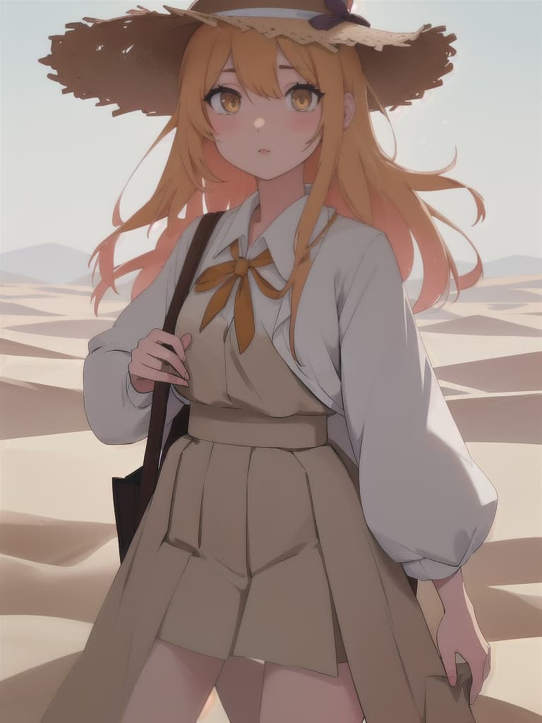  (score 9), score 8 up, highres, 1girl, anime, school uniform, straw hat, desert hyperrealistic, full body, detailed clothing, highly detailed, cinematic lighting, stunningly beautiful, intricate, sharp focus, f/1. 8, 85mm, (centered image composition), (professionally color graded), ((bright soft diffused light)), volumetric fog, trending on instagram, trending on tumblr, HDR 4K, 8K