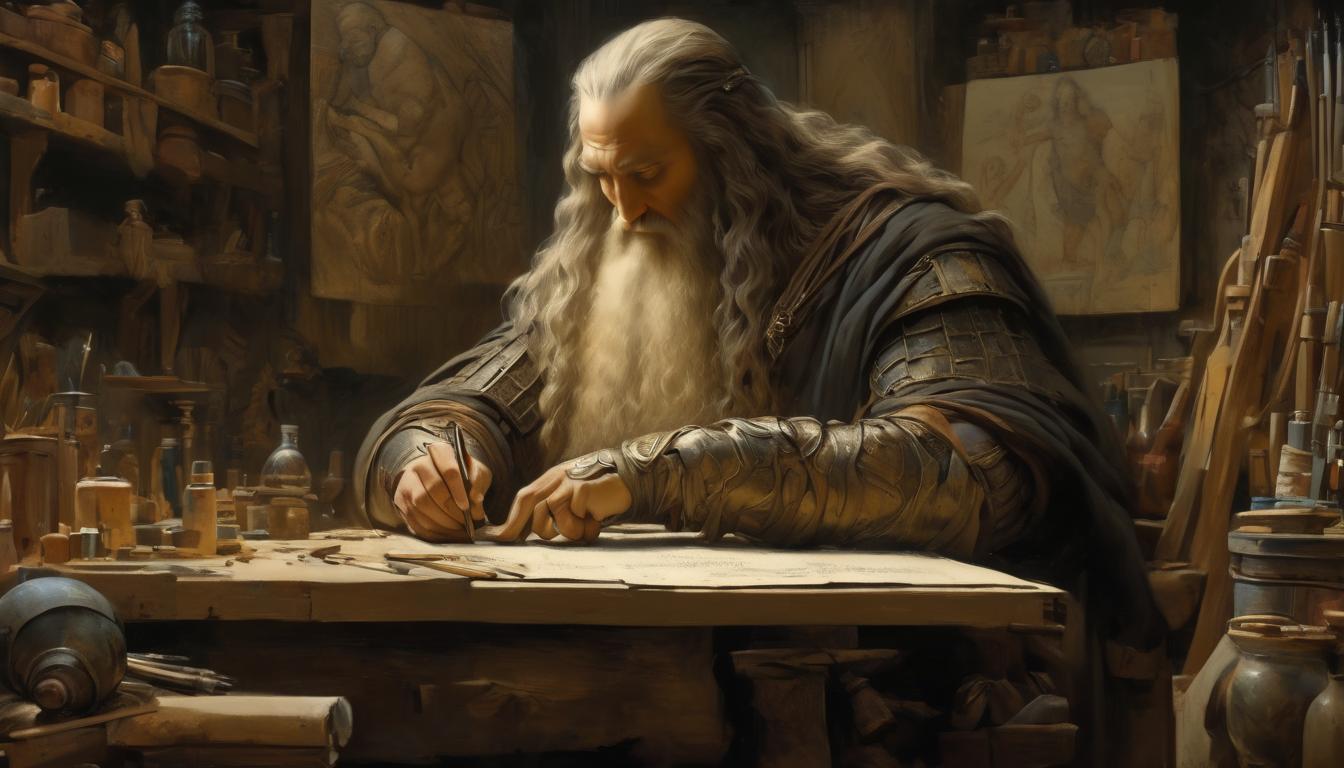  hyperrealism,fantasy aestheticLeonardo da Vinci in his workshop, sketching and painting, classic Renaissance attire, filled with art supplies and tools, historical, studious, high tech clothing clad in sleek, futuristic costume with metallic accents and form fitting designs, marvel superhero comics style, unreal engine rendering