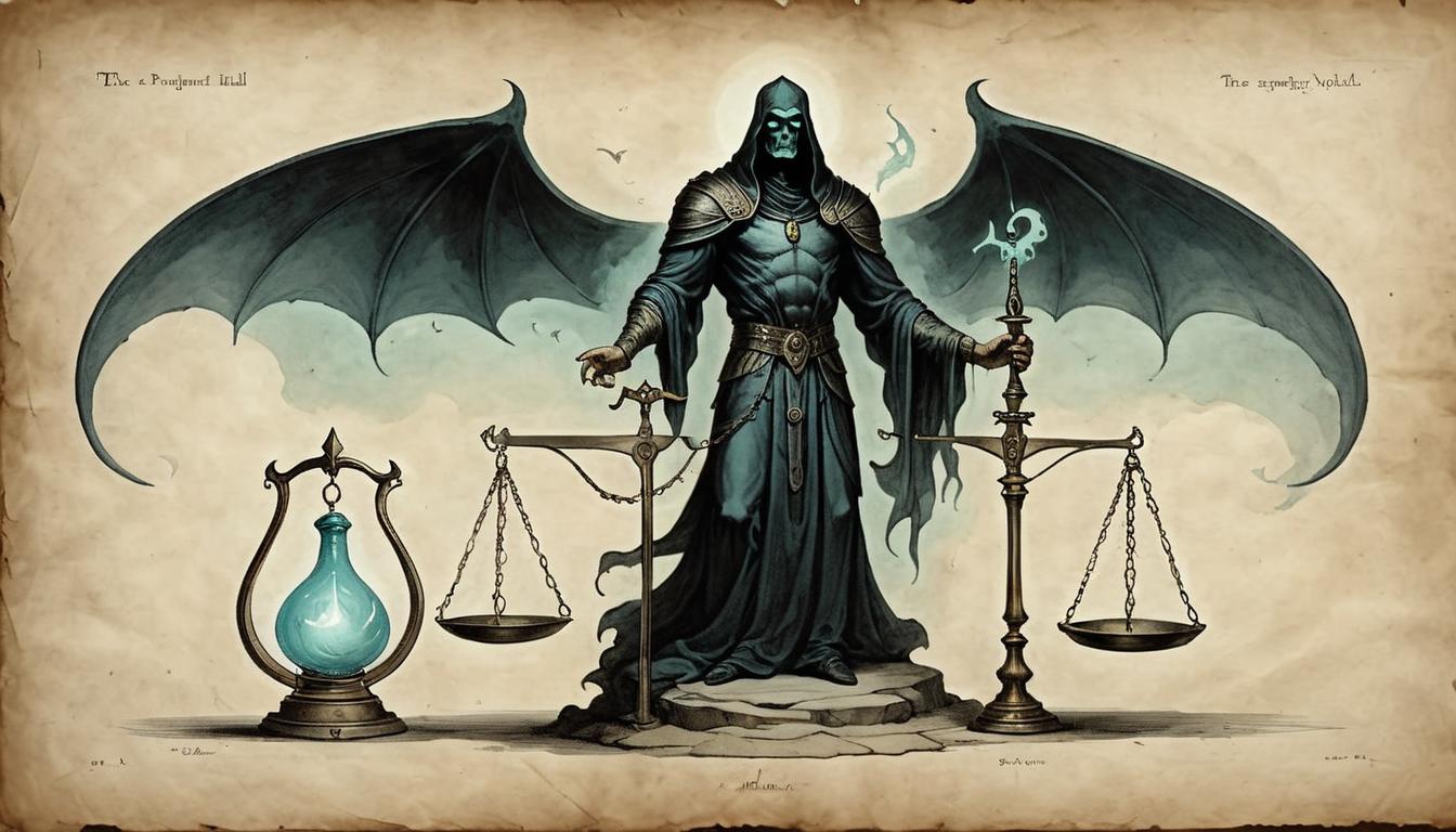  on parchment, surrealism+++, A pair of scales held by a ghostly figure, one side glowing brighter than the other, illuminating a dark void, justice, balance(mysterious, provocative, symbolic,muted color)+++