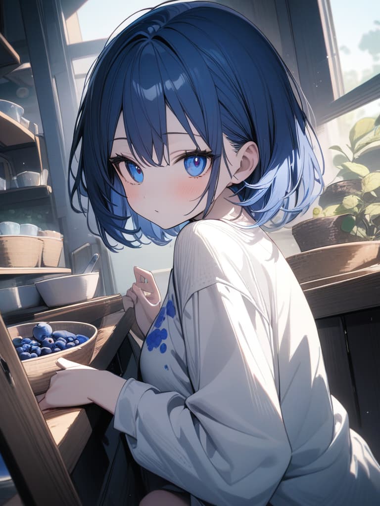  Cute, girl, long hair, thin body, white skin, blue eyes, big eyes, short bob, blueberry, blueberry decoration, short hair, blue hair color, sauce eye, T shirt, masterpiece, best quality,8k,ultra detailed,high resolution,an extremely delicate and beautiful,hyper detail