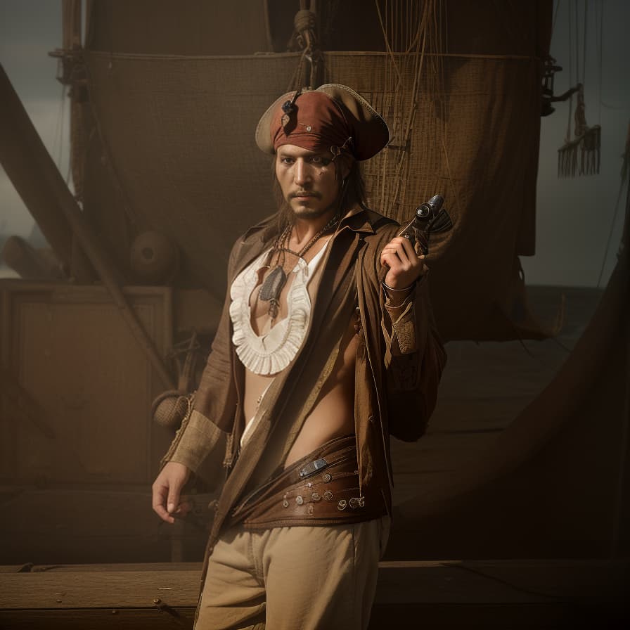  Transform the uploaded photo of a person into an image of a pirate. Add pirate themed elements such as an eye patch, a tricorn hat, a parrot on the shoulder, a pirate coat, and a background featuring a pirate ship or a treasure island. Ensure the person retains their original facial features while blending seamlessly with the pirate attire and setting. The final image should be vibrant, detailed, and convey a classic pirate look