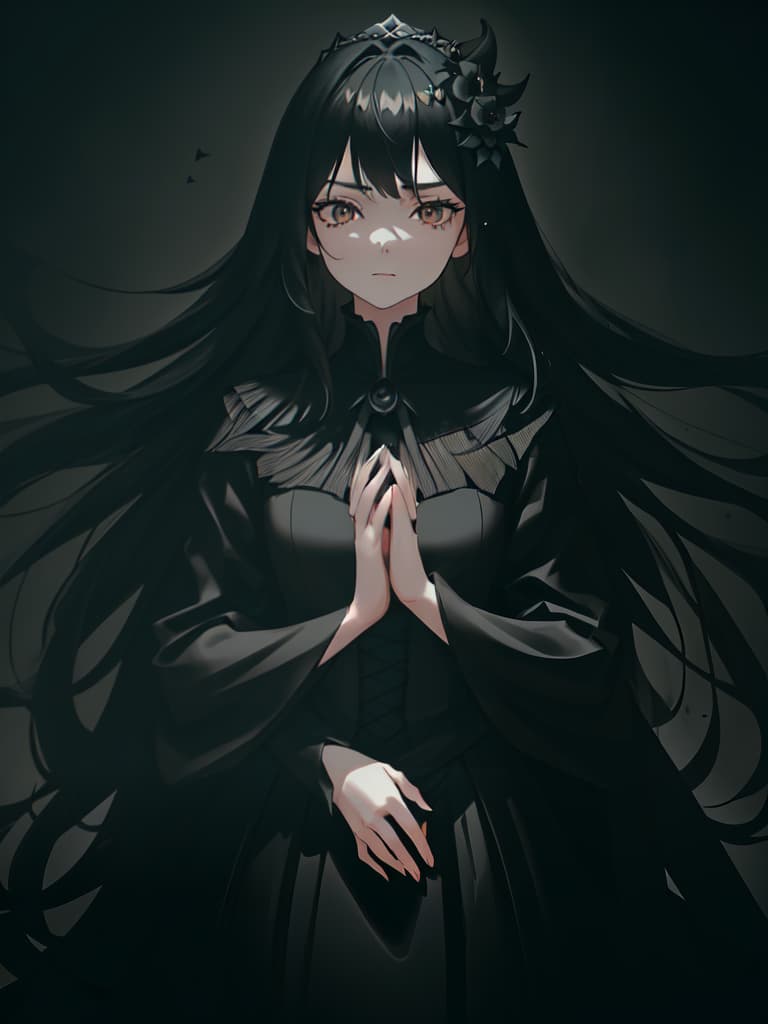  ((Black lily,black lilies in full bloom,black lily hair ornament,)) Black hair,reddish brown eyes,beautiful,pretty girl,expressionless,long hair,ephemeral,black dress,(bust up,bust up composition,(hands clasped,hands clasped))、ultra detailed,best shadow,cute and beautiful face,(masterpiece:1.2),(best quality:1.2),detailed background,high contrast,(best illumination,an extremely delicate and beautiful),((cinematic light)),hyper detail,dramatic light,intricate details,8k,anime,very aesthetic, masterpiece, best quality,8k,ultra detailed,high resolution,an extremely delicate and beautiful,hyper detail