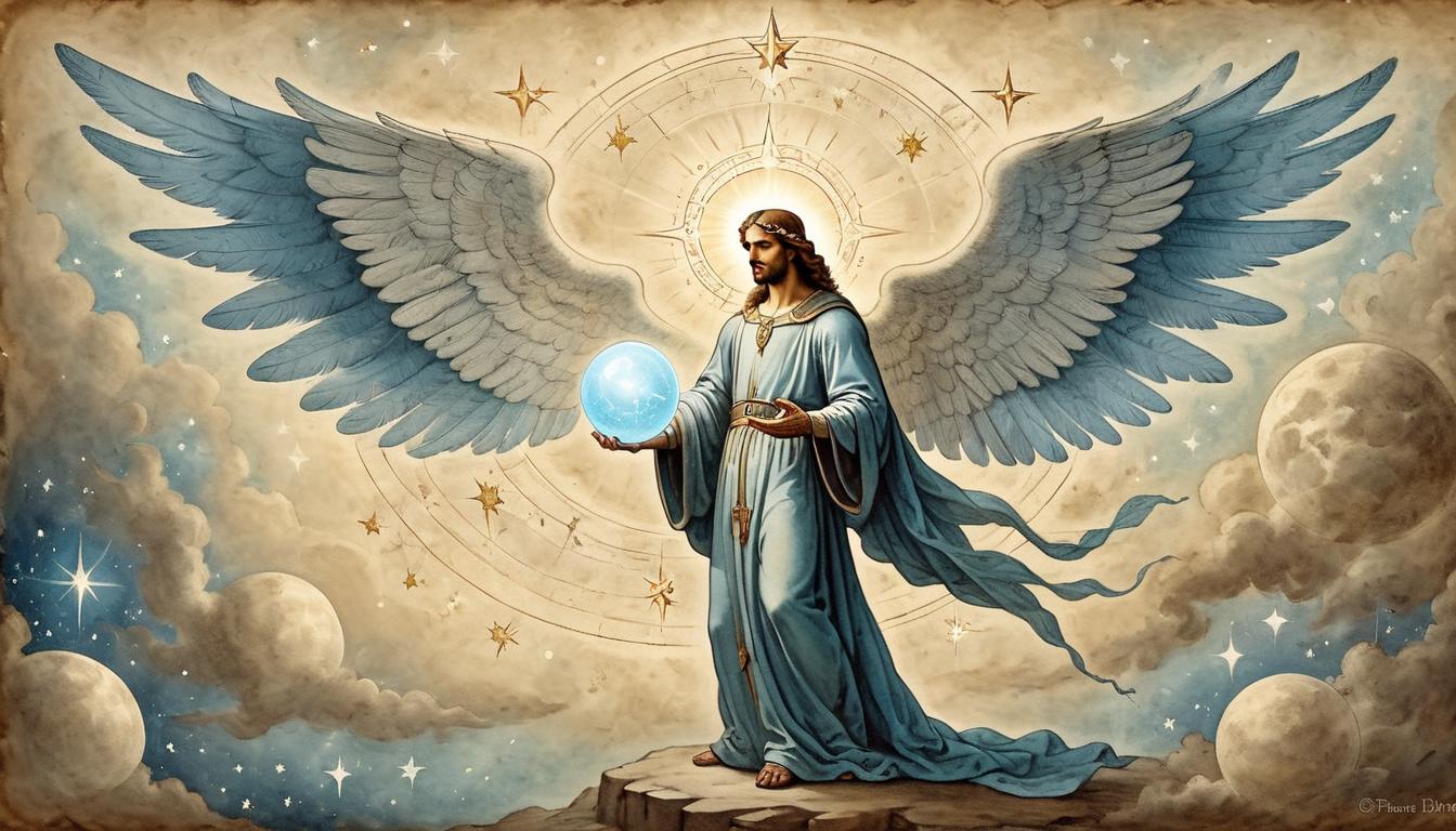  on parchment, surrealism+++, A celestial being holding a glowing orb, angelic wings, radiant halo, divine figure, universal constant, star speckled background, ethereal atmosphere(mysterious, provocative, symbolic,muted color)+++