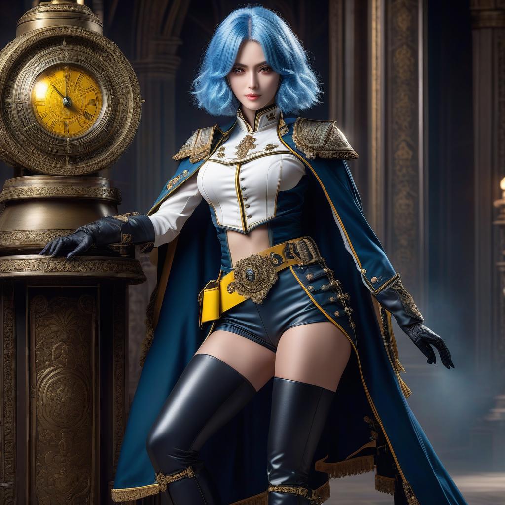  Girl, paladin, ((full body)), blue hair, bob cut, bright yellow eyes, hourglass figure, fully clothed, military uniform, (19th century ceremonial uniform), white clothes, white cloak, ((leggings )), black boots, over the knee boots, thigh high boots, tight boots, (shako), belt, choker, epaulettes, awards, (epic pose), looking at viewer, looking down, evil grin, (extremely hyper detailed face), (masterpiece : 1.4), (perfect eyes: 1.1), (perfect hands), 2D, anime, extremely detailed clothes. hyperrealistic, full body, detailed clothing, highly detailed, cinematic lighting, stunningly beautiful, intricate, sharp focus, f/1. 8, 85mm, (centered image composition), (professionally color graded), ((bright soft diffused light)), volumetric fog, trending on instagram, trending on tumblr, HDR 4K, 8K