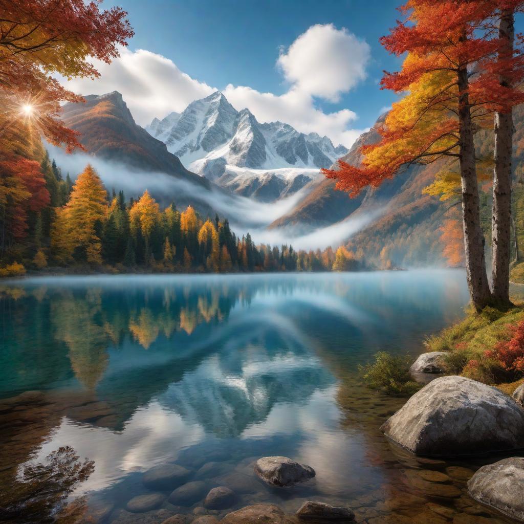  a serene mountain landscape with towering peaks partially covered in snow, a blue sky with white fluffy clouds, a calm lake reflecting the mountains, and a forest with various trees in autumn colors surrounding the lake. hyperrealistic, full body, detailed clothing, highly detailed, cinematic lighting, stunningly beautiful, intricate, sharp focus, f/1. 8, 85mm, (centered image composition), (professionally color graded), ((bright soft diffused light)), volumetric fog, trending on instagram, trending on tumblr, HDR 4K, 8K