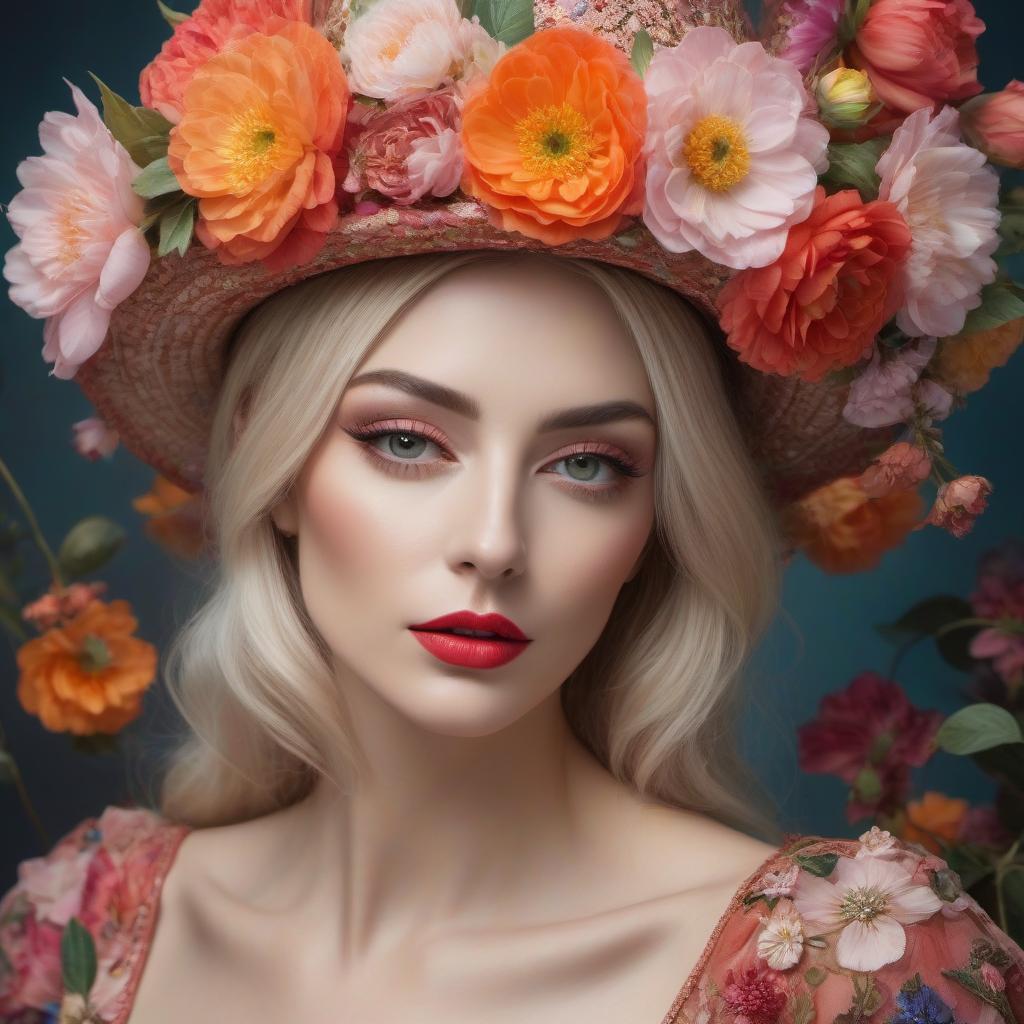  expressionist Portrait of a lady in a flowered hat, gorgeous woman in the style of Olivia de Berardinis . raw, emotional, dynamic, distortion for emotional effect, vibrant, use of unusual colors, detailed hyperrealistic, full body, detailed clothing, highly detailed, cinematic lighting, stunningly beautiful, intricate, sharp focus, f/1. 8, 85mm, (centered image composition), (professionally color graded), ((bright soft diffused light)), volumetric fog, trending on instagram, trending on tumblr, HDR 4K, 8K