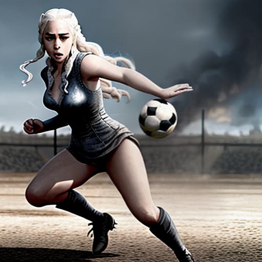  DAENERYS TARGARYEN PLAYING SOCCER WITH TERMINATOR REALISTIC IMAGE