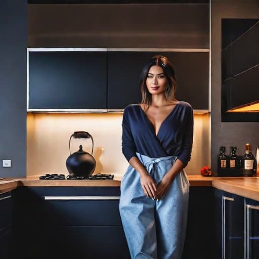  person in kitchen hyperrealistic, full body, detailed clothing, highly detailed, cinematic lighting, stunningly beautiful, intricate, sharp focus, f/1. 8, 85mm, (centered image composition), (professionally color graded), ((bright soft diffused light)), volumetric fog, trending on instagram, trending on tumblr, HDR 4K, 8K