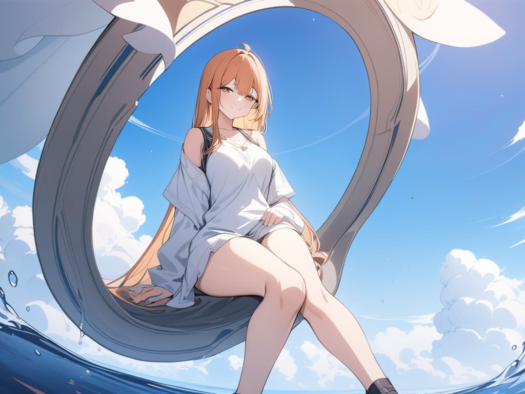  Blue sky, man sitting on the clouds, Greece, orange hair, smile, masterpiece, best quality,8k,ultra detailed,high resolution,an extremely delicate and beautiful,hyper detail