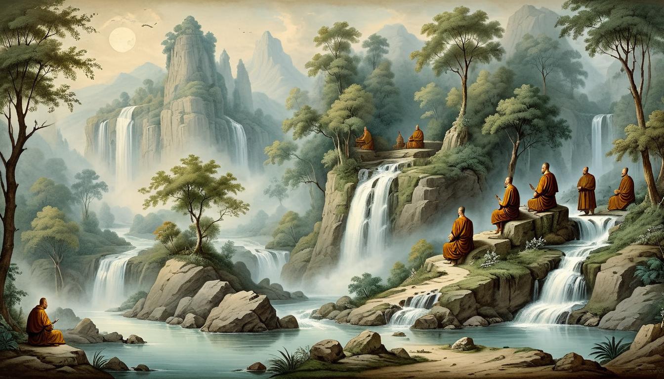  on parchment, surrealism+++, Scenic view of monks in meditation by a waterfall, harmonious balance with nature, serene, peaceful(mysterious, provocative, symbolic,muted color)+++