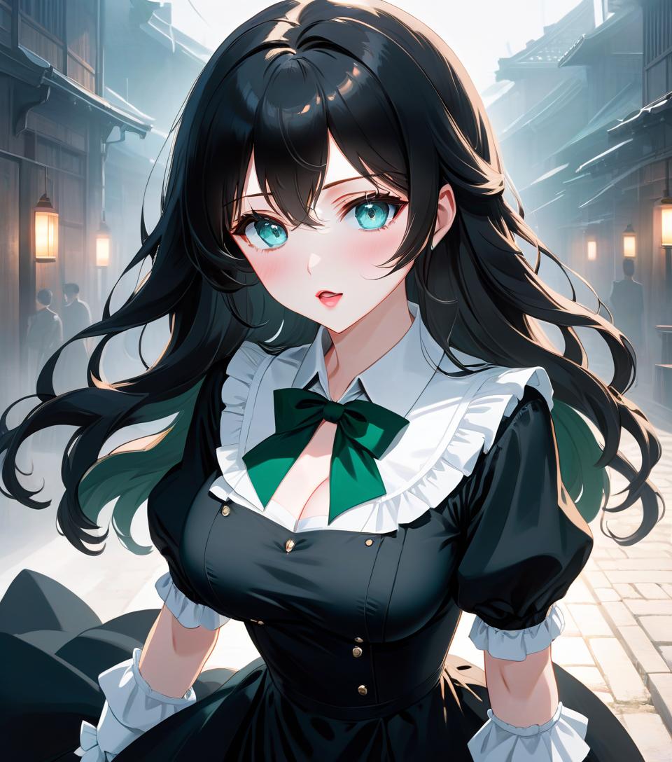  anime artwork beautiful , , white skinned, European, blue eyes, long black wavy hair, slender figure, small neat s, dressed in a black dress with a white collar and white cuffs, full length, foggy background(photorealism, oil painting: 1.3), (full length shot: 1.3), charming , long flowing black hair, (large sensual mouth: 1.2), plump lips, sparkling emerald eyes , narrow waist, (sensual drawing: 1.2), silvery glow, ethereal aura, detailed brushwork, intricate shadows and highlights, mysterious and captivating expression, unique color palette, masterful use of light and shadow, captivating atmosphere, pure emotion, intense gaze, dynamic composition. . anime style, key visual, vint, studio anime, highly d hyperrealistic, full body, detailed clothing, highly detailed, cinematic lighting, stunningly beautiful, intricate, sharp focus, f/1. 8, 85mm, (centered image composition), (professionally color graded), ((bright soft diffused light)), volumetric fog, trending on instagram, trending on tumblr, HDR 4K, 8K