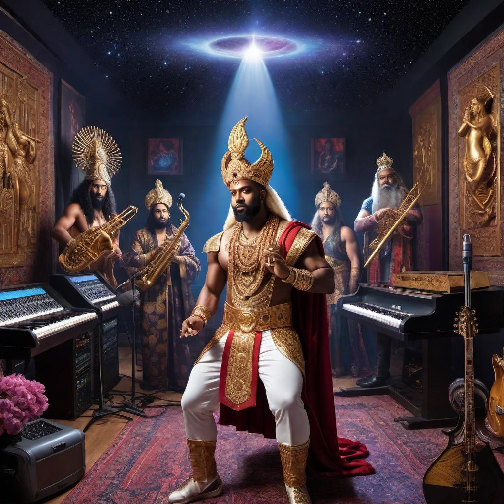  An album cover featuring a 'Rap God' in a recording studio, surrounded by other deities from various mythologies. The 'Rap God' is central, holding a microphone, exuding charisma and energy. The studio is a blend of modern and mythological elements, with divine instruments and high-tech recording equipment. Other gods like Zeus, Thor, and Ganesh are engaged in musical activities – playing instruments, tuning equipment, or listening intently. The background is filled with ethereal light, stars, and cosmic patterns. The overall design is vibrant, dynamic, and powerful, capturing the divine essence of music and creativity. hyperrealistic, full body, detailed clothing, highly detailed, cinematic lighting, stunningly beautiful, intricate, sharp focus, f/1. 8, 85mm, (centered image composition), (professionally color graded), ((bright soft diffused light)), volumetric fog, trending on instagram, trending on tumblr, HDR 4K, 8K