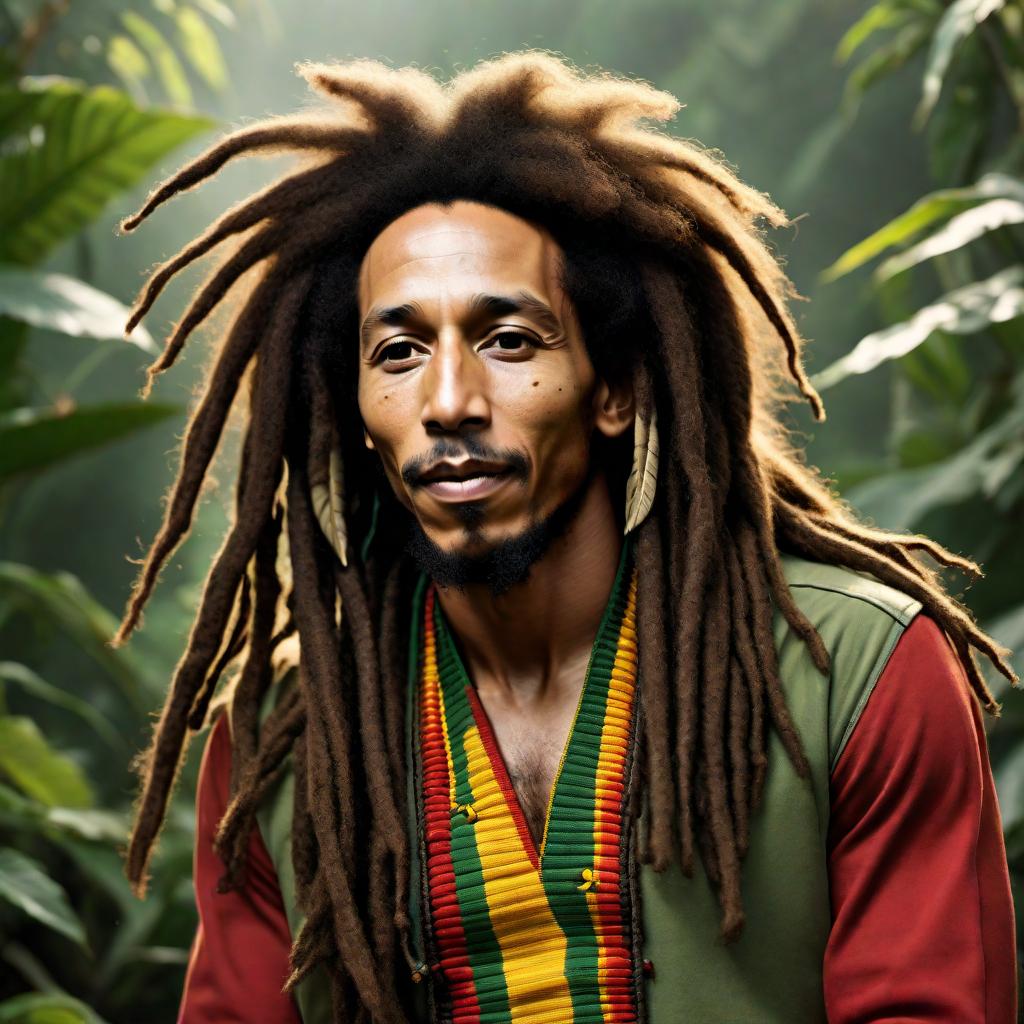  A highly artistic and creative depiction of Bob Marley that looks just like the real Bob Marley. Incorporate his iconic dreadlocks, musical instruments, and a lively Rastafarian color palette with reds, greens, and yellows, while capturing his legendary persona. hyperrealistic, full body, detailed clothing, highly detailed, cinematic lighting, stunningly beautiful, intricate, sharp focus, f/1. 8, 85mm, (centered image composition), (professionally color graded), ((bright soft diffused light)), volumetric fog, trending on instagram, trending on tumblr, HDR 4K, 8K