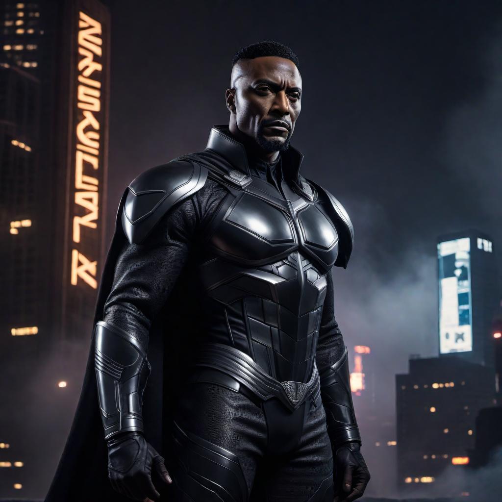  A highly detailed and dramatic portrait of an original black super villain. The character should have a dark, menacing presence with a powerful and intimidating stance. The villain is dressed in a sleek, futuristic outfit with armor elements, featuring a mix of dark colors like black, deep purple, and metallic accents. The background is dark with hints of a chaotic urban landscape, with shadows and subtle glows adding to the ominous atmosphere. The facial expression should exude confidence and a hint of sinister intent, with sharp features and piercing eyes. hyperrealistic, full body, detailed clothing, highly detailed, cinematic lighting, stunningly beautiful, intricate, sharp focus, f/1. 8, 85mm, (centered image composition), (professionally color graded), ((bright soft diffused light)), volumetric fog, trending on instagram, trending on tumblr, HDR 4K, 8K