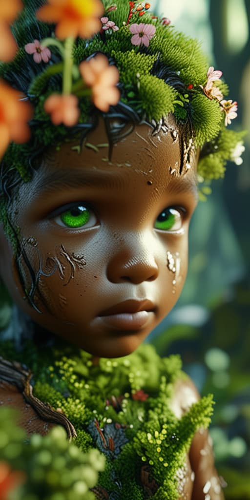  best quality, HD, A cute child portrait of an earth elemental human, earthy brown skin with moss and flowers growing from it, deep green eyes, surrounded by a lush forest, with studio lighting enhancing the earthy details, cinematic background, hyper detailed, beautifully color graded, 8k photorealistic, global illumination, volumetric lighting.