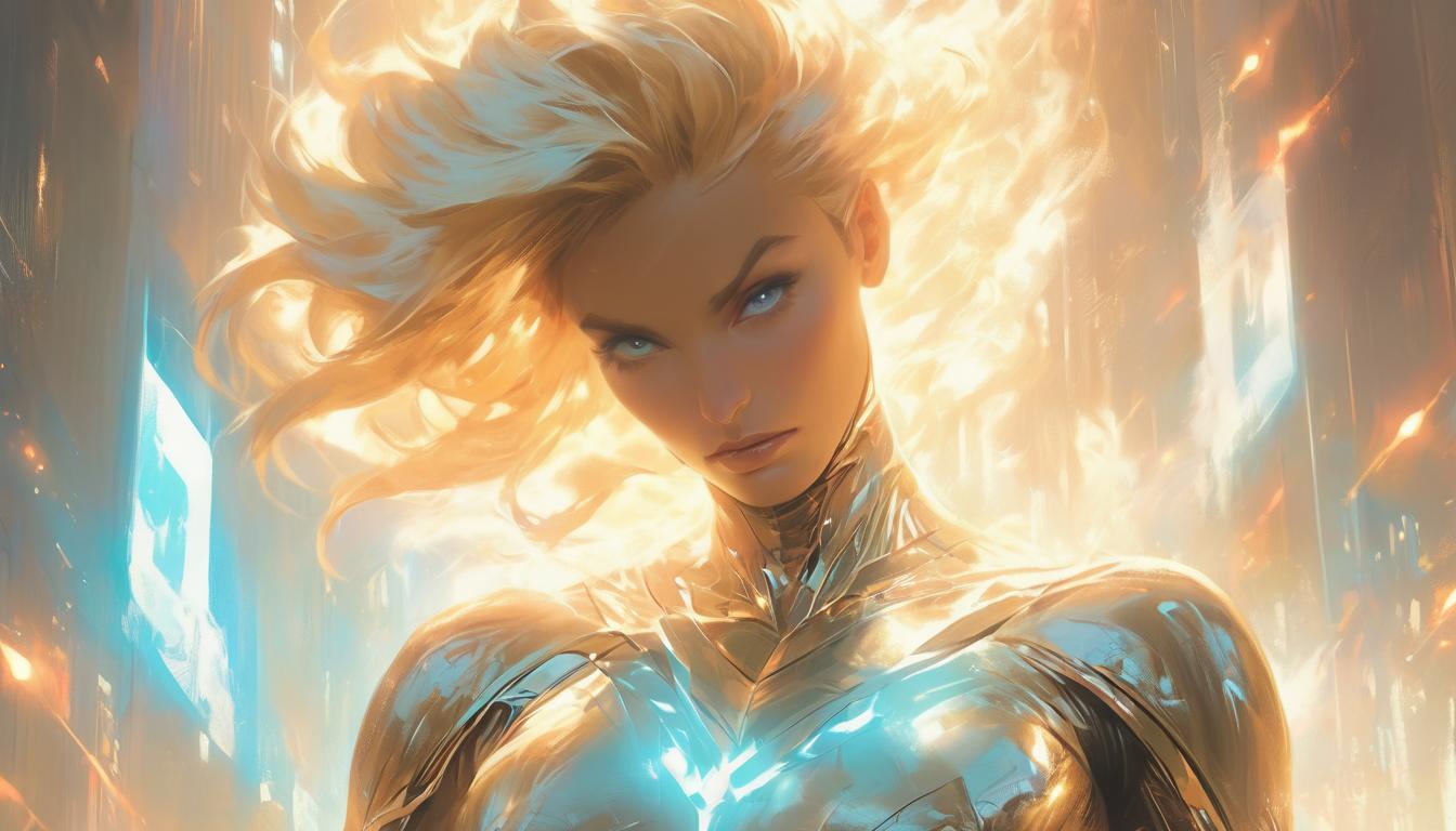  hyperrealism,fantasy aesthetic1woman, large busted attractive blonde arian female humanoid, radiant in a gown of light, glowing aura, embodying divine essence, high tech clothing clad in sleek, futuristic costume with metallic accents and form fitting designs, marvel superhero comics style, unreal engine rendering