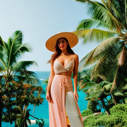 analog style Tropical Paradise hyperrealistic, full body, detailed clothing, highly detailed, cinematic lighting, stunningly beautiful, intricate, sharp focus, f/1. 8, 85mm, (centered image composition), (professionally color graded), ((bright soft diffused light)), volumetric fog, trending on instagram, trending on tumblr, HDR 4K, 8K