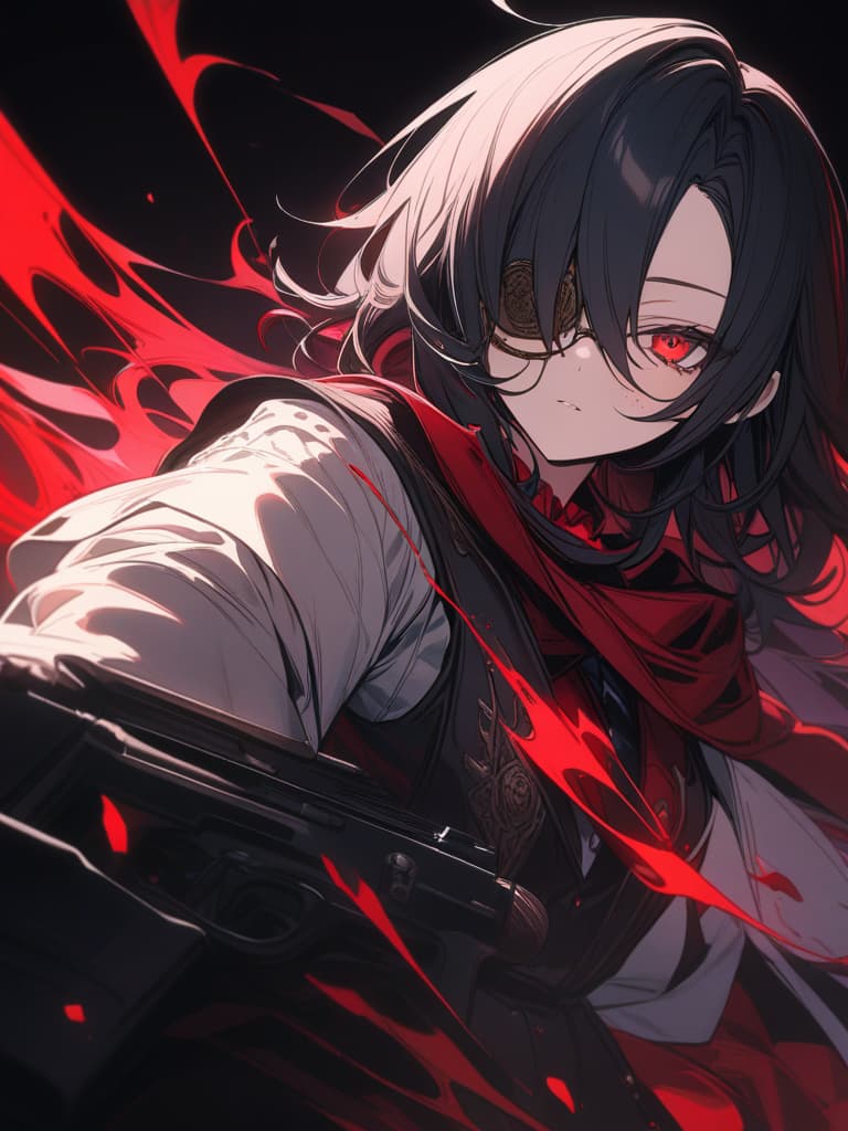  Villan, Monocle, Black Butler, one eyed eye hiding, red eyes, white gloves, red aura, dark background, gun, masterpiece, best quality,8k,ultra detailed,high resolution,an extremely delicate and beautiful,hyper detail